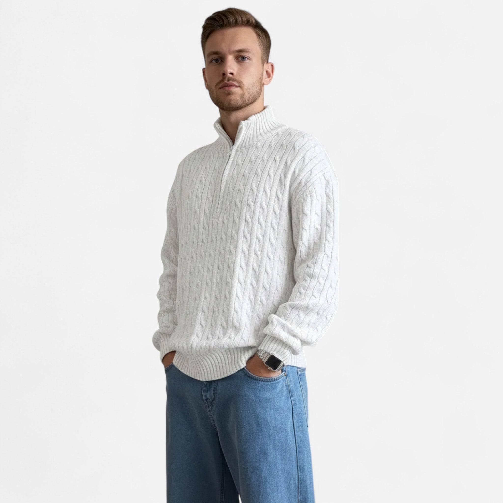 Rolezo | Men’s Half Zip Cable Knit Jumper – Refined Heritage Warmth