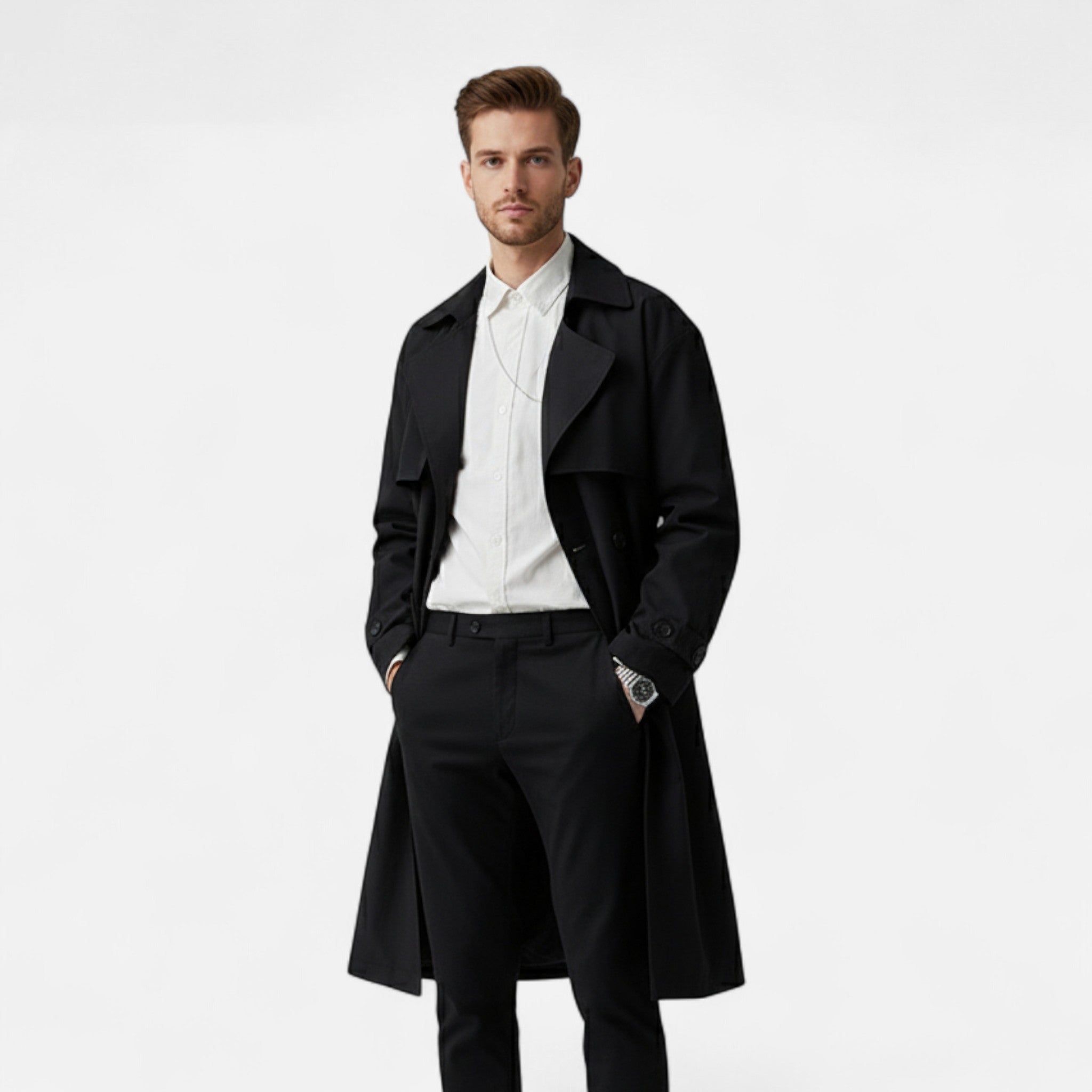 Rolezo | Men’s Loose Long Trench Coat – Effortless Drape, Timeless Presence