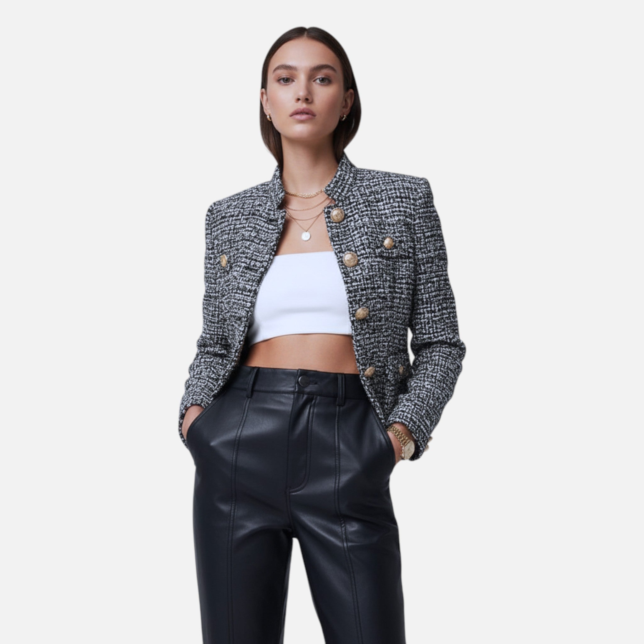 Rolezo | Women’s Chic Tweed Blazer – Timeless Structure, Effortless Grace